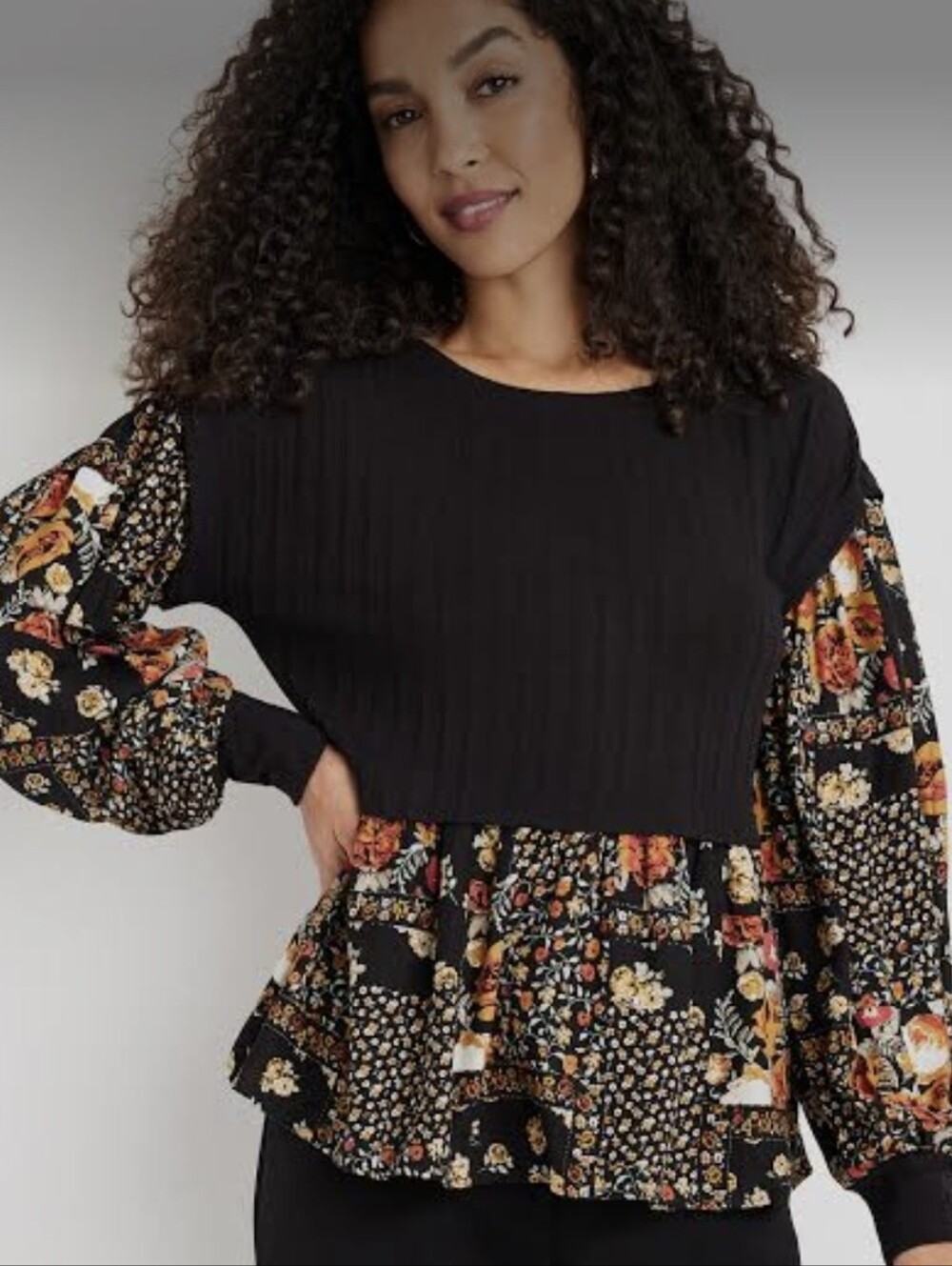 Maurices Women's Black Ribbed Top with Floral Tiered Hem Sz M Fall Boho